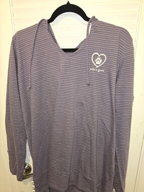 Life Is Good Women's Crusher Lite Purple Striped Hooded Tee. Pet Paw Heart. XL